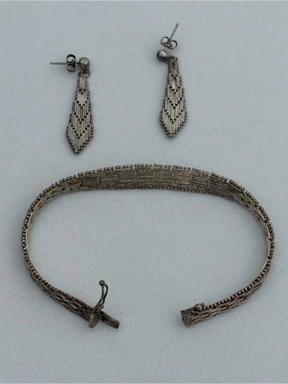 Vintage 925 Sterling Silver Woven Bracelet & Matching Drop Earrings Set